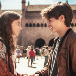 A girl and a boy greeting each other in front of the alhambra.