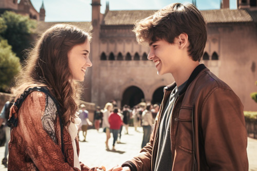 A girl and a boy greeting each other in front of the alhambra.